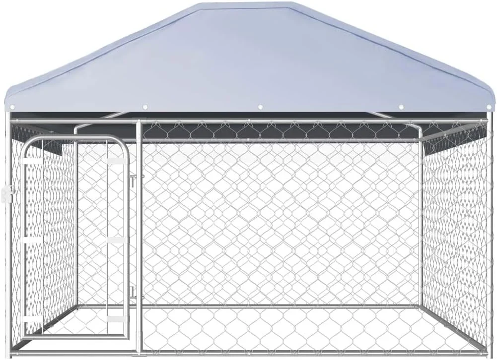 قفس سگ فضای باز vidaXL با سقف، سیستم قفل شونده، دیواره های توری زنجیره ای، خانه سگ و توله سگ، پناهگاه حیوانات، فولاد گالوانیزه نقره ای