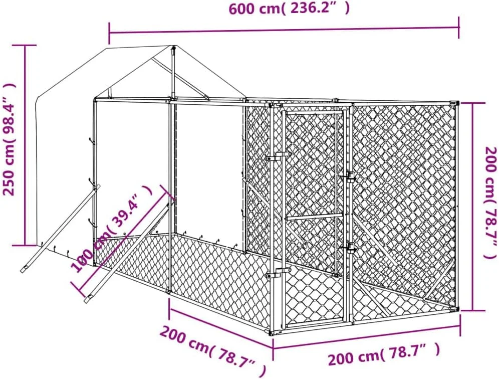 قفس سگ فضای باز ویدا ایکس ال، قفس سگ برای حیاط، باکس سگ با سقف، محوطه بازی توله سگ، خانه قفس حیوانات خانگی، فولاد گالوانیزه نقره ای