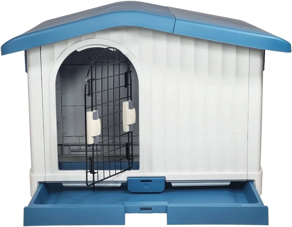 خانه سگ بزرگ سرپوشیده | سقف قابل تنظیم تهویه دار، سینی کشویی و نوار جریان هوای جانبی | خانه سگ سرپناه با مونتاژ آسان برای سگ های کوچک و بزرگ | استفاده در فضای داخلی و خارجی | 88 سانتی متر (آبی)