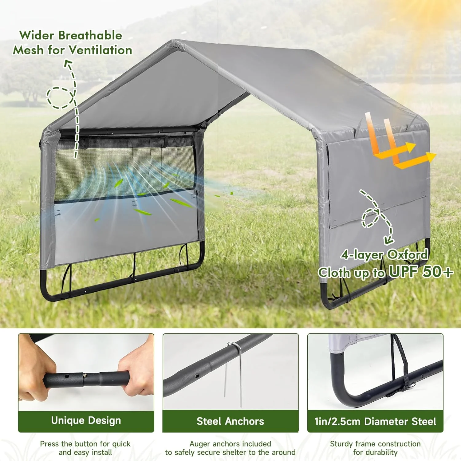 پناهگاه سایه بان سگ بزرگ با تهویه، خانه سگ فضای باز برای سگ های بزرگ و متوسط، خانه حیوانات خانگی سایه باران در فضای باز برای گربه ها، خوک ها، دام با پوشش ضد باران با برگ های مو مصنوعی