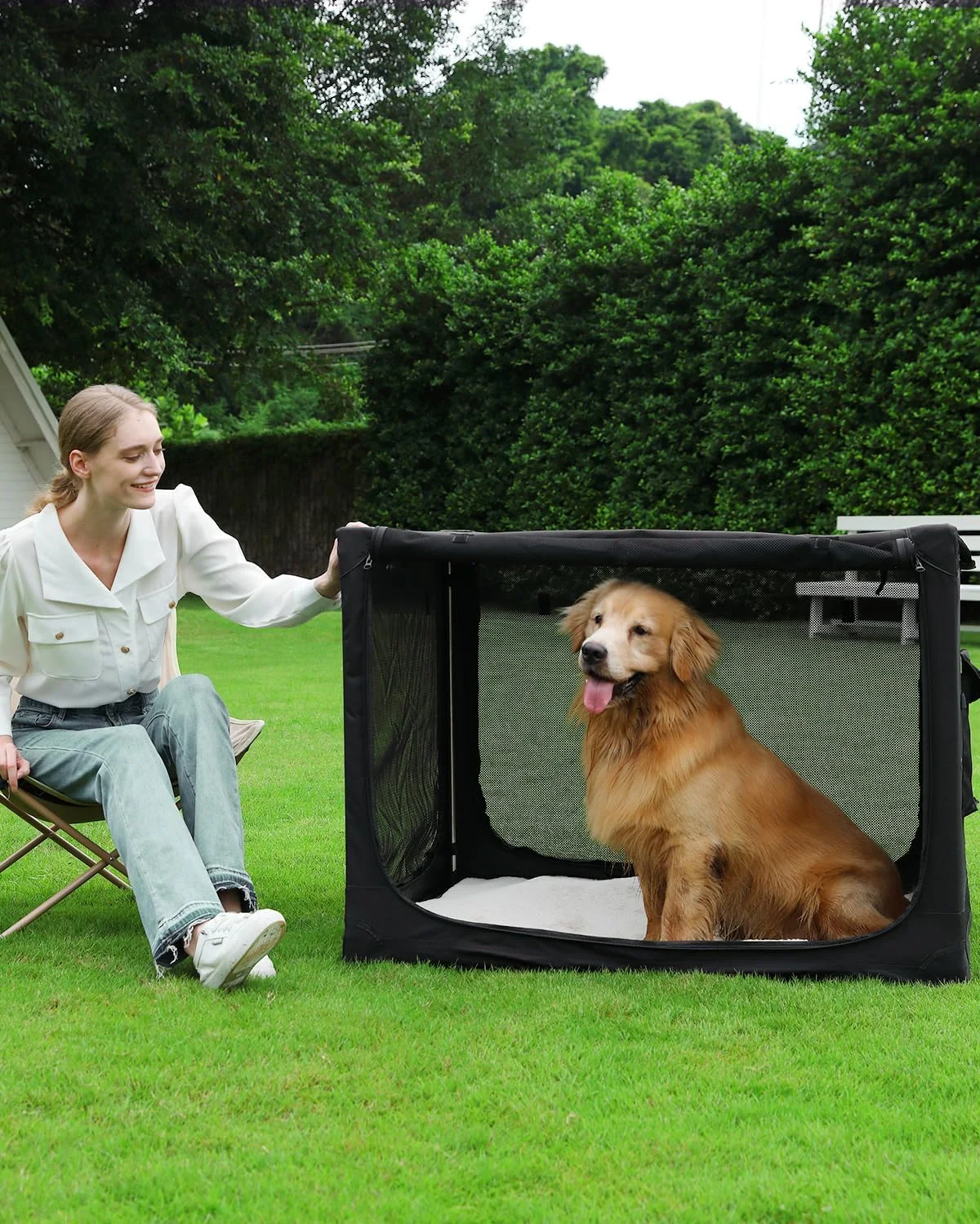  باکس حمل تاشو سگ Veraste سایز 42 اینچ مناسب سگ های متوسط و بزرگ، باکس قابل حمل سگ با 4 درب، لانه نرم تاشو با پنجره های توری بادوام برای مسافرت های داخلی و خارجی، به همراه کیف نگهداری، مشکی