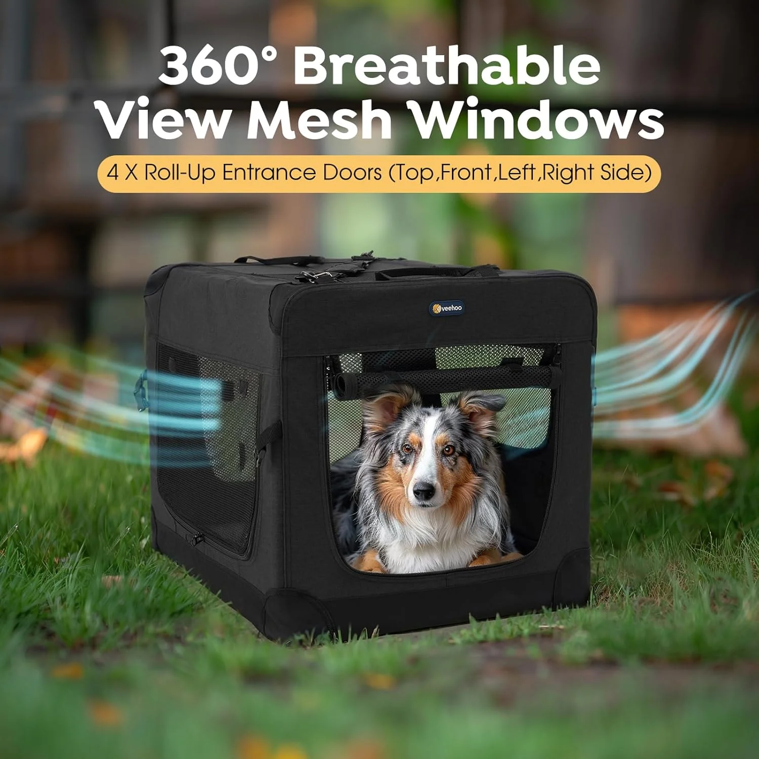  باکس سگ تاشو نرم 36 اینچی Veehoo، باکس حمل سگ تاشو قابل حمل 4 در برای سگ های بزرگ، 5 توری بادوام، پارچه آکسفورد 600D، استفاده در فضای داخلی و خارجی، مشکی، CWB2428CP