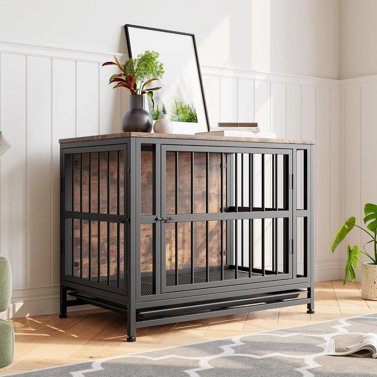 قفس سگ VECOCHO، باکس سگ مناسب برای سگ های بزرگ / متوسط، میز کنار مبلی، لانه سگ سرپوشیده، خانه سگ مقاوم، سینی جداشدنی، 2 درب، قفس سگ مبلمان