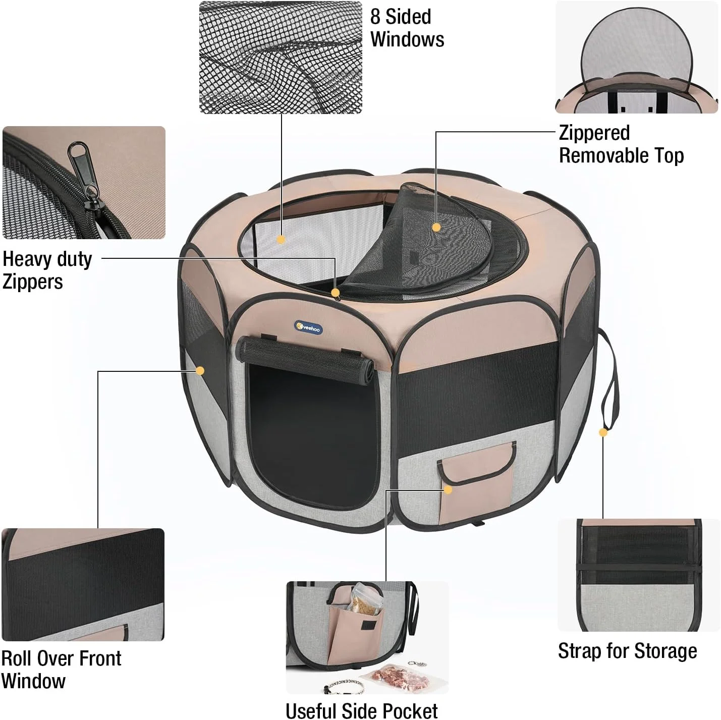 محوطه بازی قابل حمل سگ ویهو - محوطه بازی تاشو سگ با کیف حمل، چادر تمرین حیوانات خانگی داخلی و خارجی برای سگ ها، خیلی بزرگ، خاکستری
