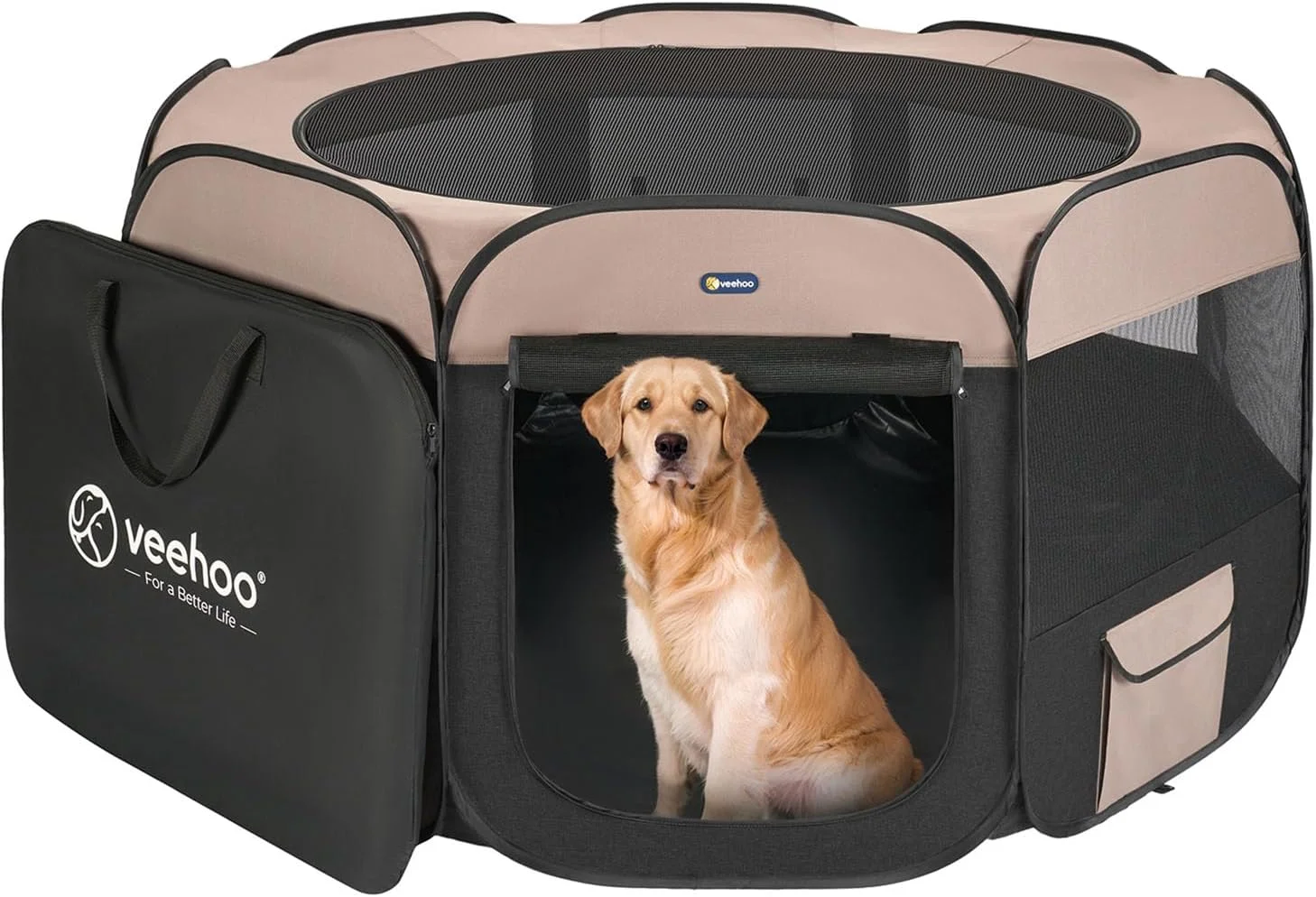 پارک بازی سگ قابل حمل Veehoo - پارک بازی سگ بسیار بزرگ مناسب فضای داخلی/خارجی با رویه زیپ‌دار جداشدنی، پارک بازی تاشو سگ به همراه کیف حمل، 150 طول x 150 عرض x 76 ارتفاع سانتی‌متر، مشکی