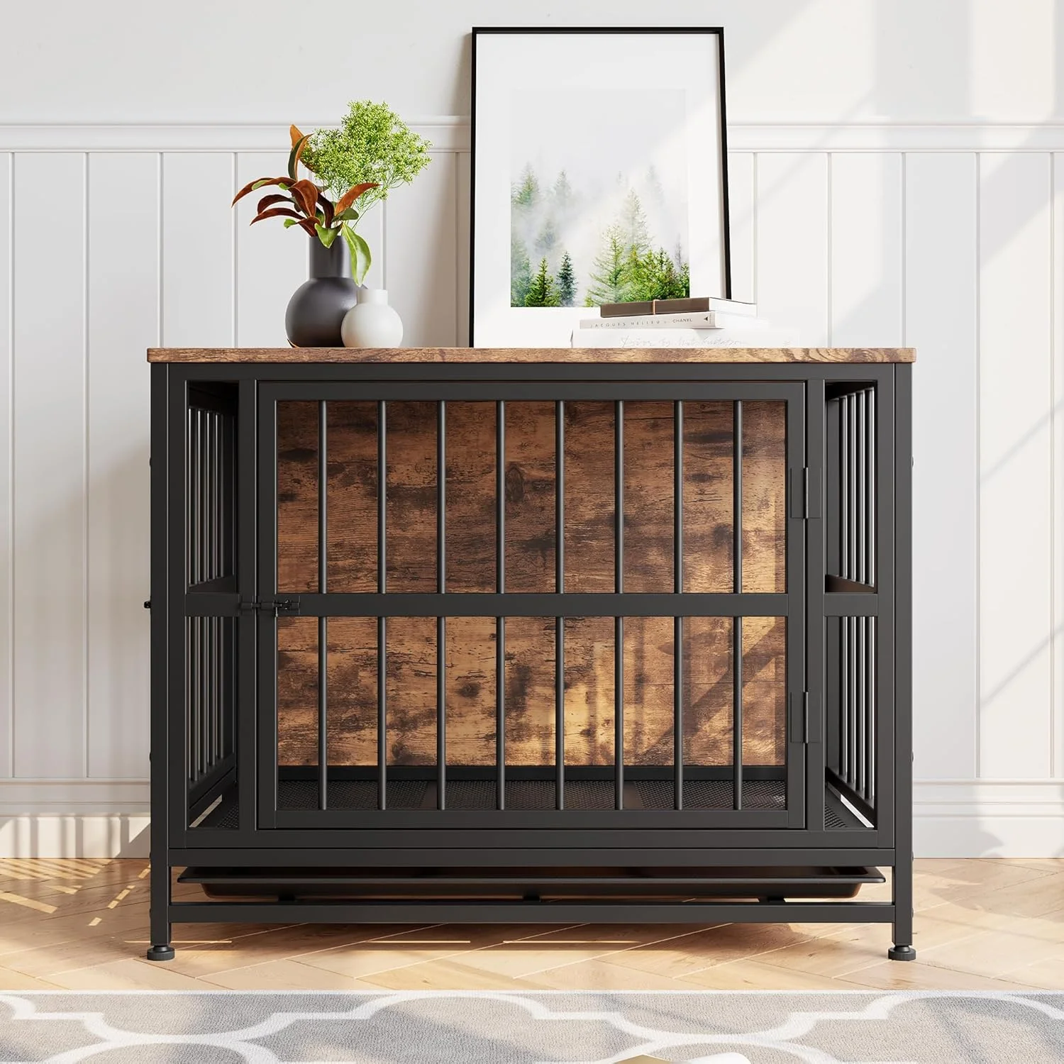 قفس سگ VECOCHO، باکس سگ مناسب برای سگ های بزرگ / متوسط، میز کنار مبلی، لانه سگ سرپوشیده، خانه سگ مقاوم، سینی جداشدنی، 2 درب، قفس سگ مبلمان