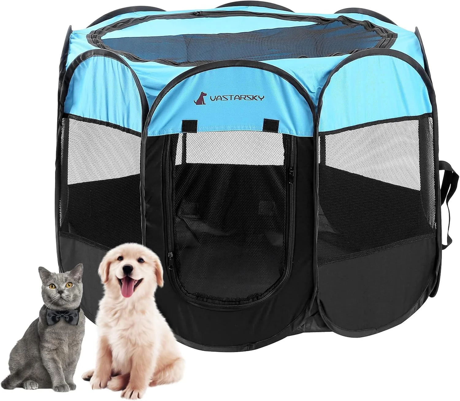 پارک بازی تاشو و قابل حمل Vastarsky برای حیوانات خانگی، پارک بازی نرم و بازشو برای توله سگ، بچه گربه، پارچه سبک وزن با توری تنفسی، قفس حیوانات خانگی برای استفاده در داخل و خارج از منزل (91x91x58 سانتی متر، آبی)