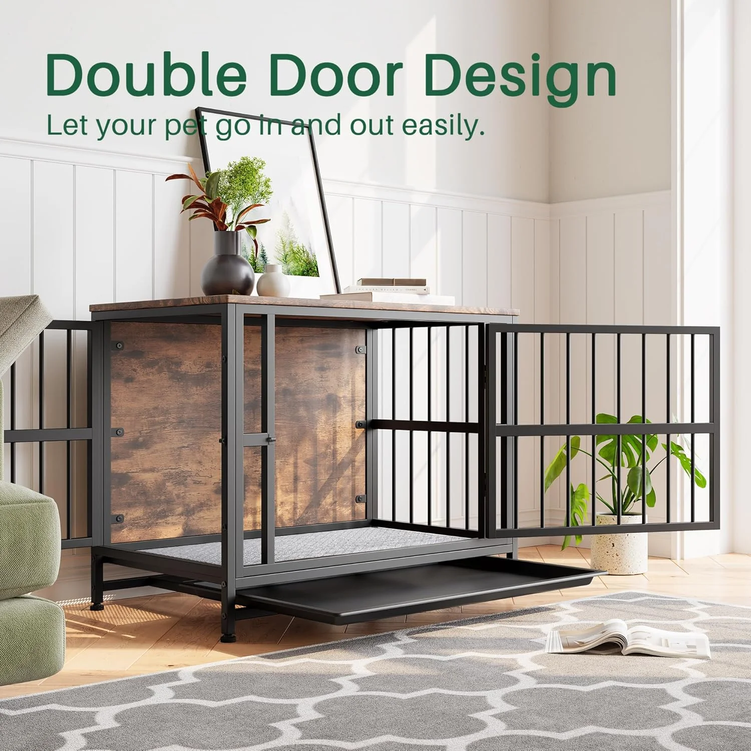 قفس سگ VECOCHO، باکس سگ مناسب برای سگ های بزرگ / متوسط، میز کنار مبلی، لانه سگ سرپوشیده، خانه سگ مقاوم، سینی جداشدنی، 2 درب، قفس سگ مبلمان