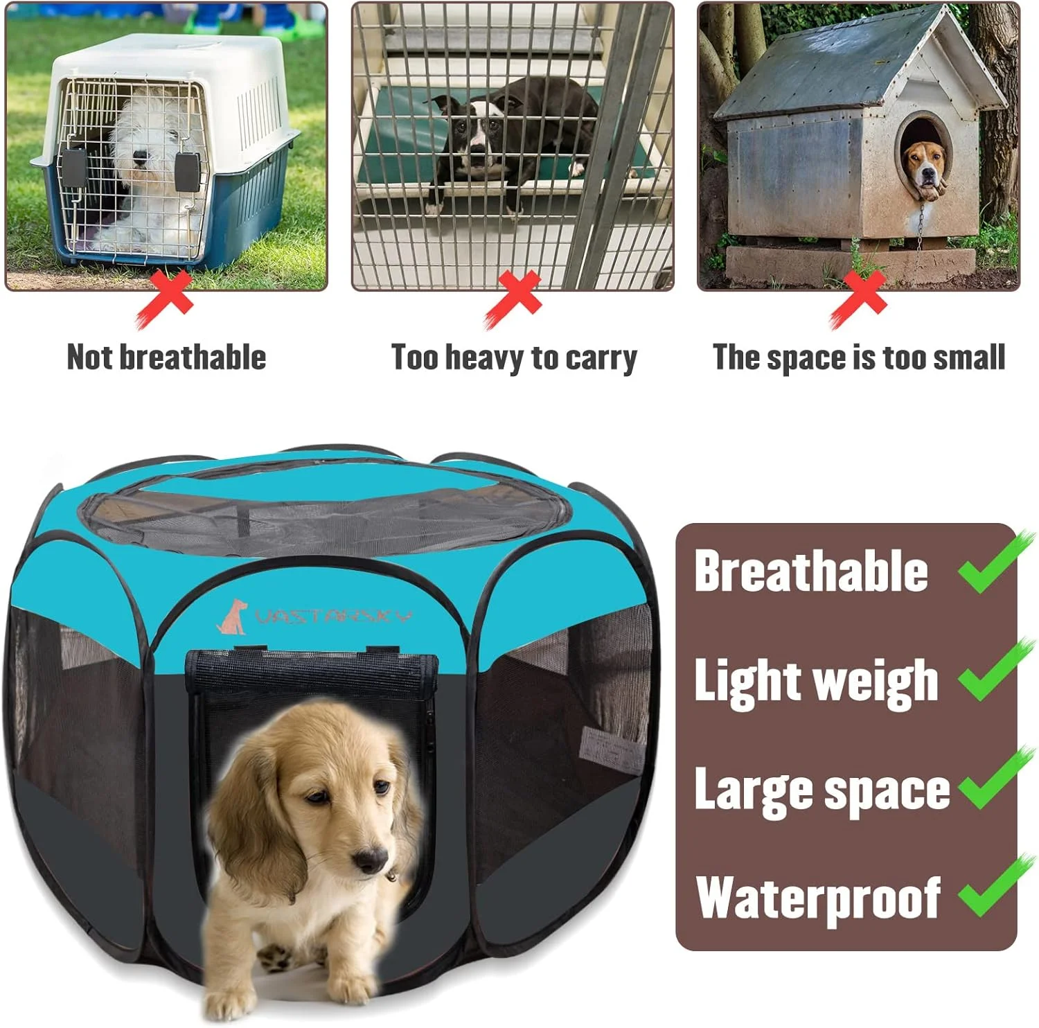 پارک بازی تاشو و قابل حمل Vastarsky برای حیوانات خانگی، پارک بازی نرم و بازشو برای توله سگ، بچه گربه، پارچه سبک وزن با توری تنفسی، قفس حیوانات خانگی برای استفاده در داخل و خارج از منزل (91x91x58 سانتی متر، آبی)