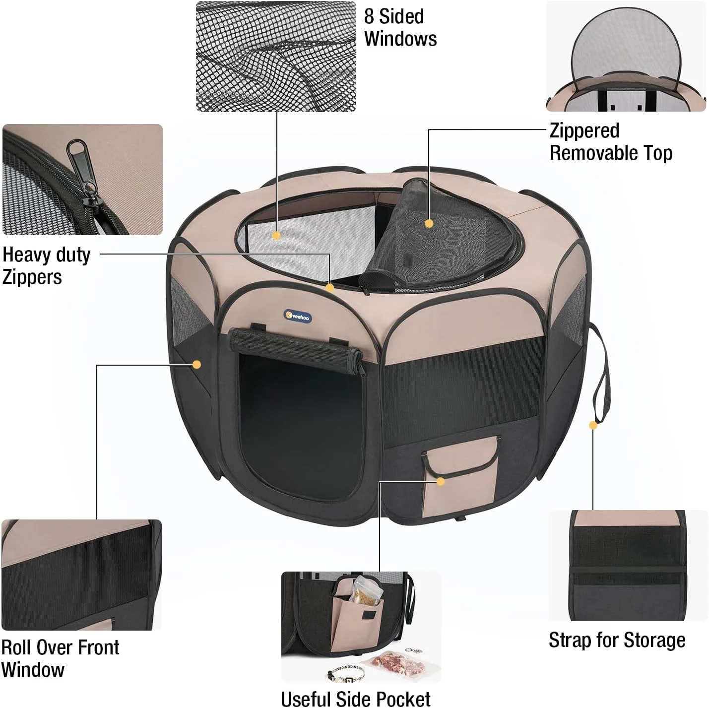 پارک بازی سگ قابل حمل Veehoo - پارک بازی سگ بسیار بزرگ مناسب فضای داخلی/خارجی با رویه زیپ‌دار جداشدنی، پارک بازی تاشو سگ به همراه کیف حمل، 150 طول x 150 عرض x 76 ارتفاع سانتی‌متر، مشکی