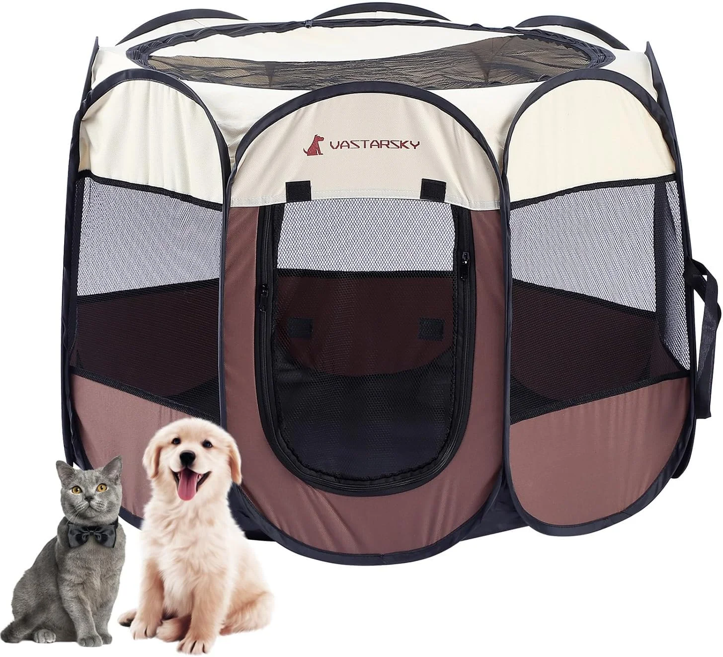 قفس بازی سگ و گربه Vastarsky Meiying - لانه تمرینی تاشو قابل حمل - مناسب برای استفاده در داخل و خارج از خانه سایز S (قطر 28 اینچ در ارتفاع 18 اینچ) رنگ قهوه ای مدل U2BCMY464-COFFEE-S