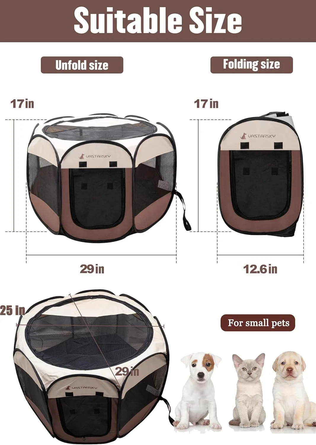 قفس بازی سگ و گربه Vastarsky Meiying - لانه تمرینی تاشو قابل حمل - مناسب برای استفاده در داخل و خارج از خانه سایز S (قطر 28 اینچ در ارتفاع 18 اینچ) رنگ قهوه ای مدل U2BCMY464-COFFEE-S