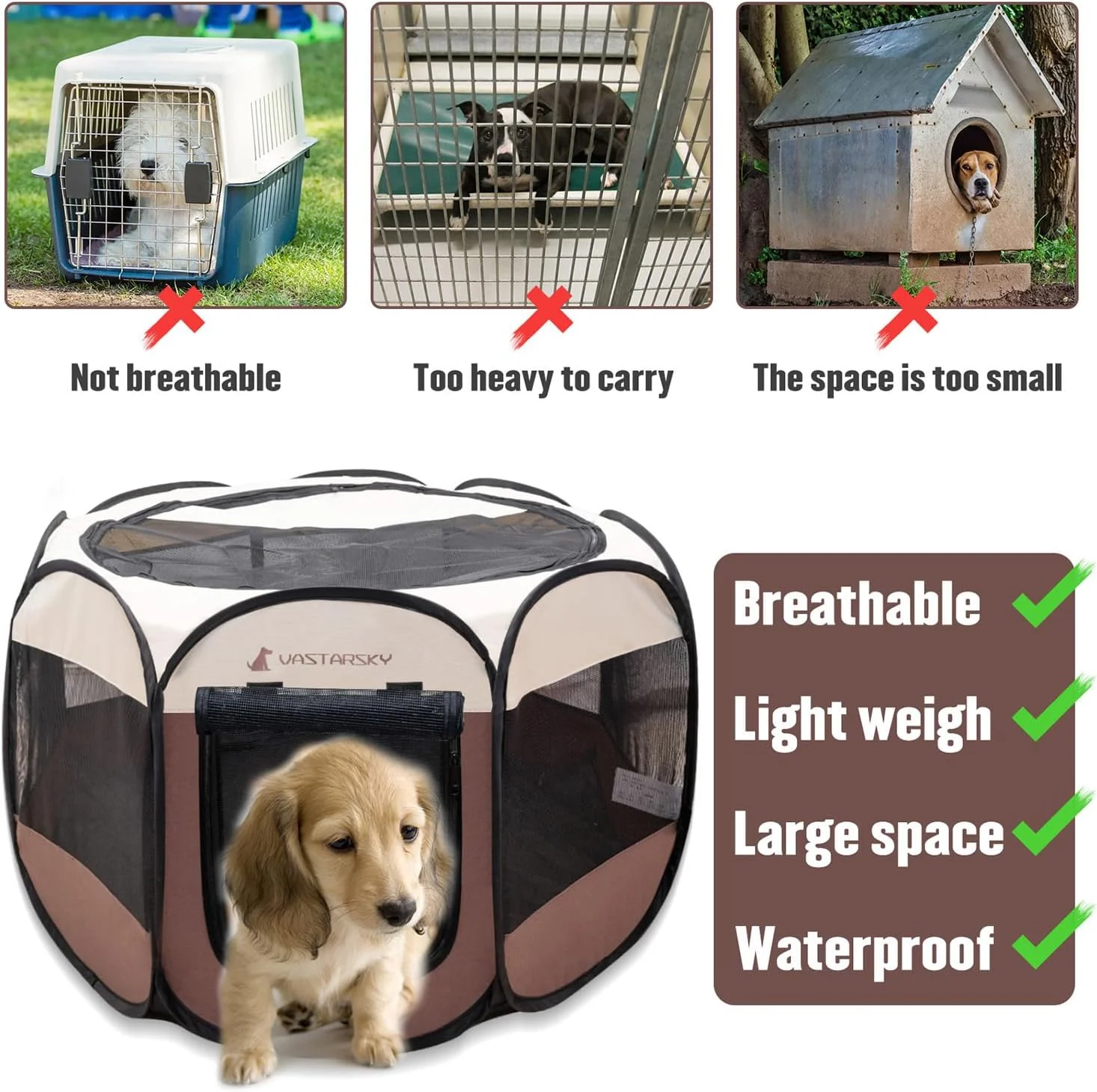 قفس بازی سگ و گربه Vastarsky Meiying - لانه تمرینی تاشو قابل حمل - مناسب برای استفاده در داخل و خارج از خانه سایز S (قطر 28 اینچ در ارتفاع 18 اینچ) رنگ قهوه ای مدل U2BCMY464-COFFEE-S