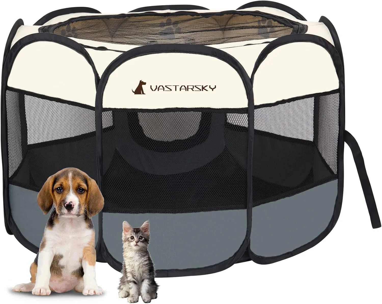 پارک بازی تاشو و قابل حمل حیوانات خانگی Vastarsky، پارک بازی نرم و بازشو برای توله سگ، بچه گربه، گربه، پارک بازی پارچه ای سبک وزن با توری تنفسی، قفس حیوانات خانگی برای استفاده در داخل و خارج از منزل (بدون کیف)