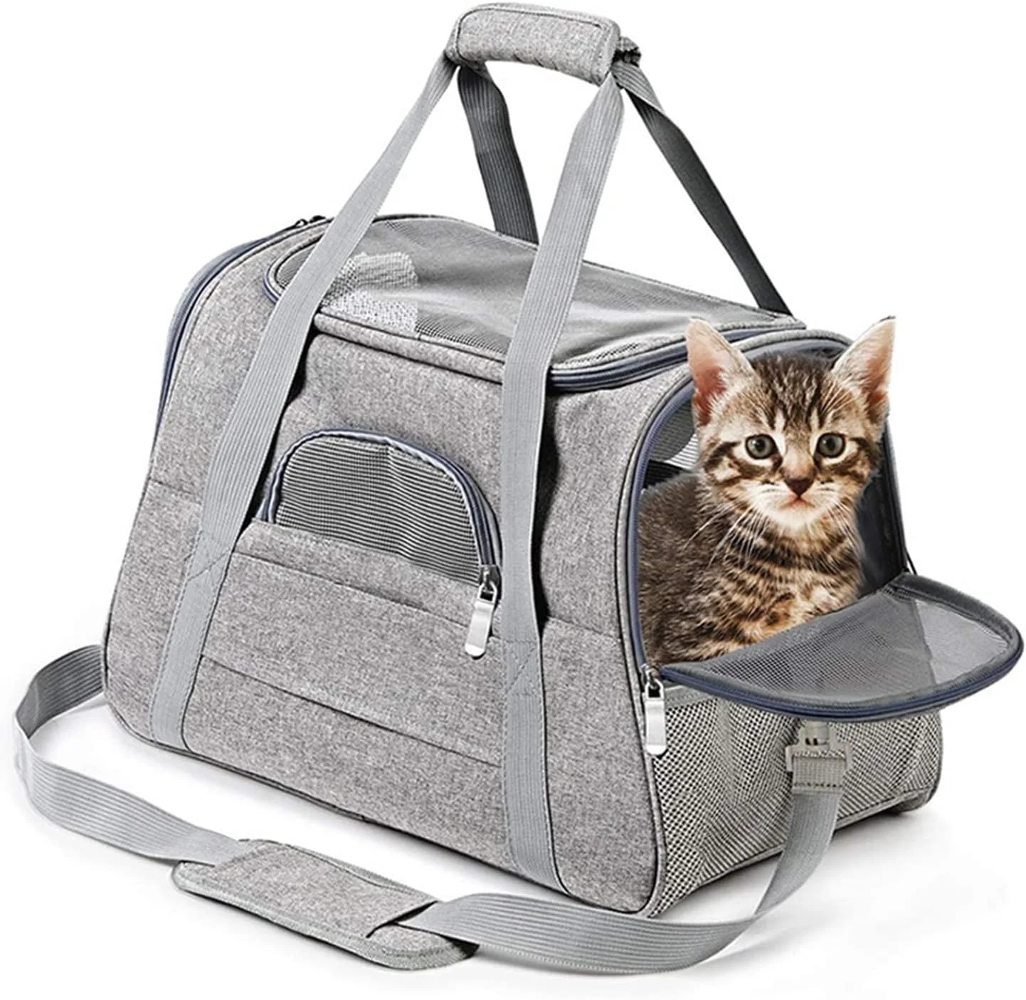 کیف حمل سگ UTOYA برای سگ های کوچک، کیف حمل حیوانات خانگی نرم و قابل حمل، تاشو و تنفسی، کیف حمل سگ و گربه، کیف دستی مسافرتی برای حیوانات خانگی با زیپ های ایمنی قفل دار (رنگ: خاکستری)