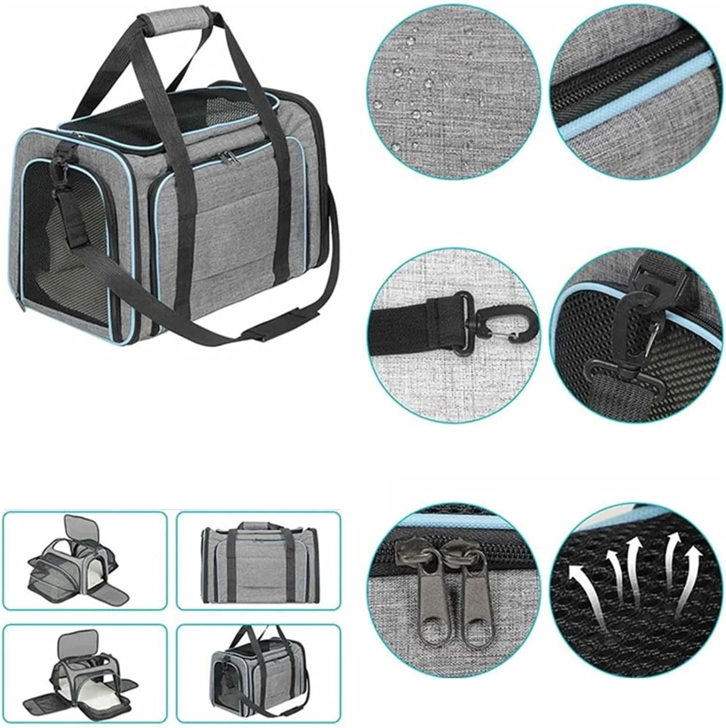 کیف حمل سگ یوتویا برای سگ های کوچک، کیف حمل حیوانات خانگی، کیف تاشو قابل تنفس و قابل حمل، کیف حمل سگ و گربه برای مسافرت در فضای باز، کیف دستی ایمن با زیپ (رنگ: آبی خاکستری)