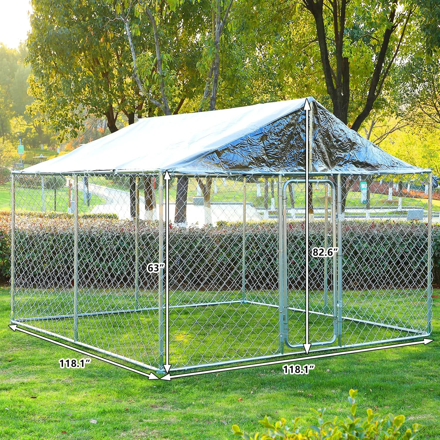 قفس سگ بزرگ USSerenaY مناسب فضای باز با سایبان ضد آب، محوطه بازی سگ سنگین و ضد زنگ گالوانیزه برای حیاط مزرعه باغ (118 اینچ طول x 118 اینچ عرض x 83 اینچ ارتفاع)