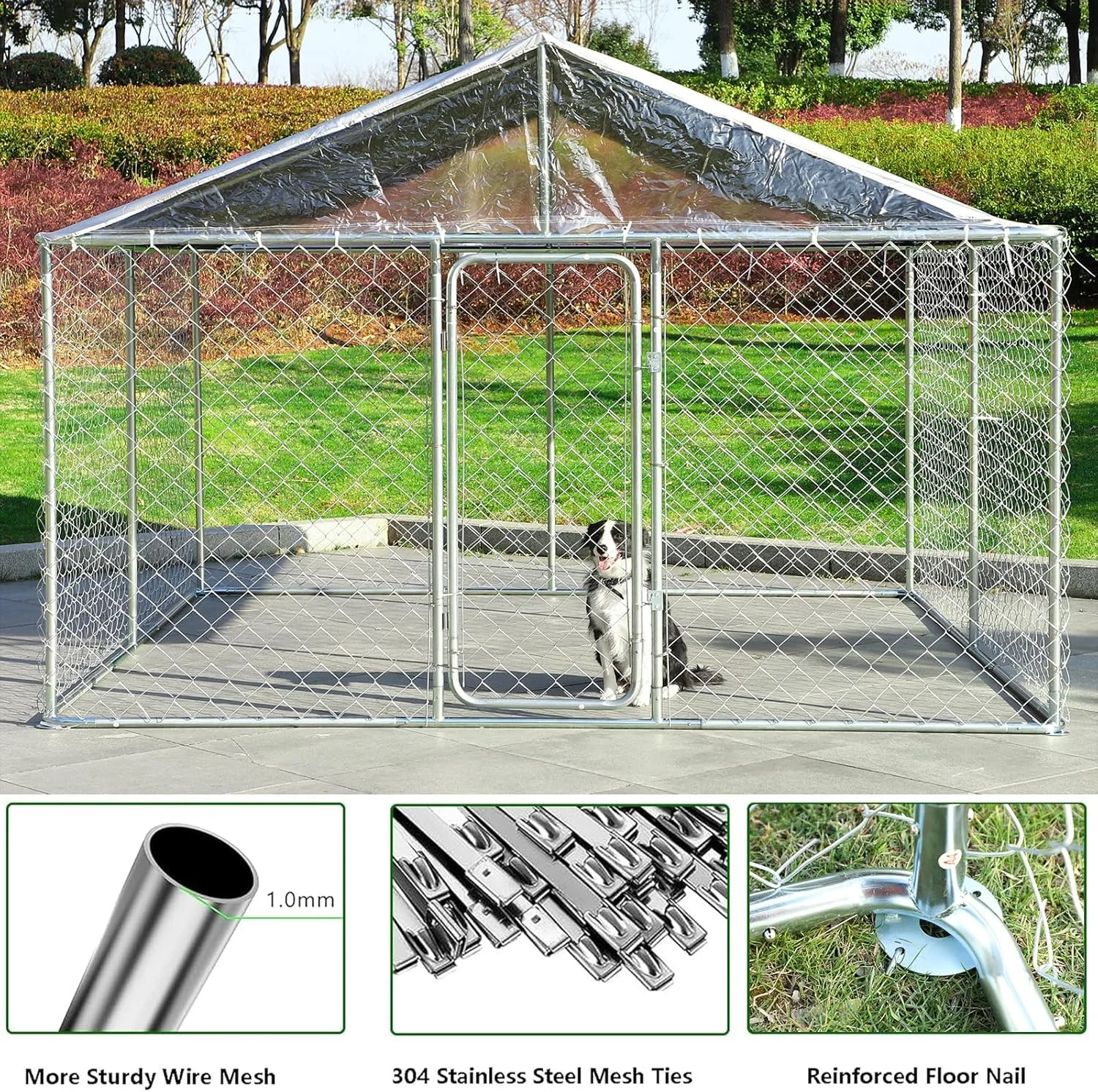 قفس سگ بزرگ USSerenaY مناسب فضای باز با سایبان ضد آب، محوطه بازی سگ سنگین و ضد زنگ گالوانیزه برای حیاط مزرعه باغ (118 اینچ طول x 118 اینچ عرض x 83 اینچ ارتفاع)