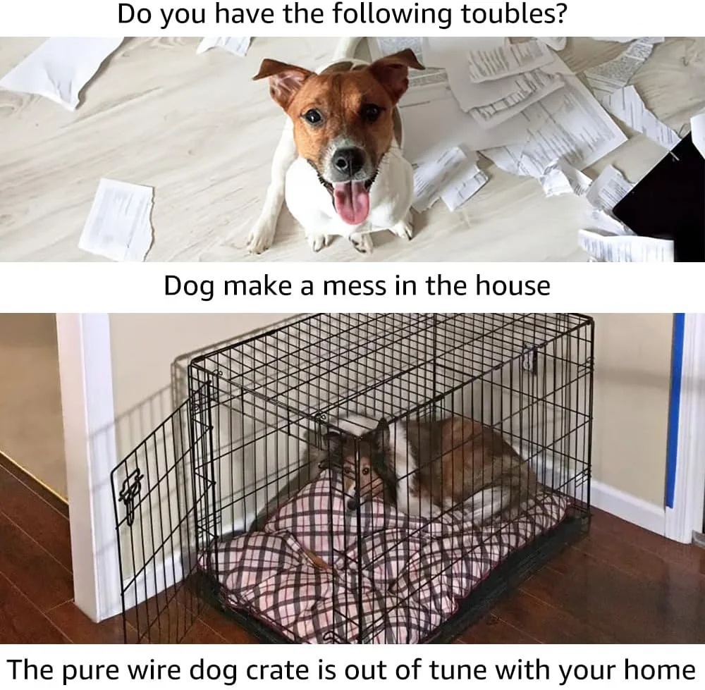 قفس سگ چوبی unipaws با تخت سگ سایز متوسط، خانه سگ به سبک مبلمان، قفس سگ برای داخل خانه، قفس سیمی حیوانات خانگی با درهای دوتایی برای خانه، سفید