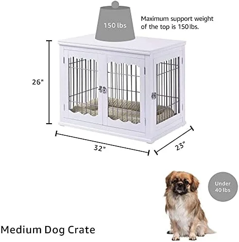 قفس سگ چوبی unipaws با تخت سگ سایز متوسط، خانه سگ به سبک مبلمان، قفس سگ برای داخل خانه، قفس سیمی حیوانات خانگی با درهای دوتایی برای خانه، سفید