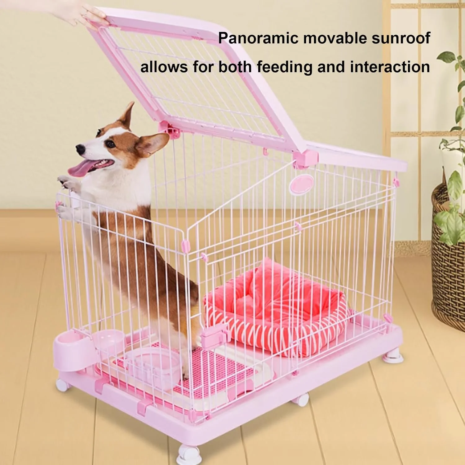 قفس سگ، قفس فلزی توله سگ با چرخ های جهانی، 2 درب و سینی پلاستیکی قابل جابجایی، لانه حیوانات خانگی داخلی برای آموزش سگ ها و گربه های کوچک تا متوسط، صورتی، سایز بزرگ