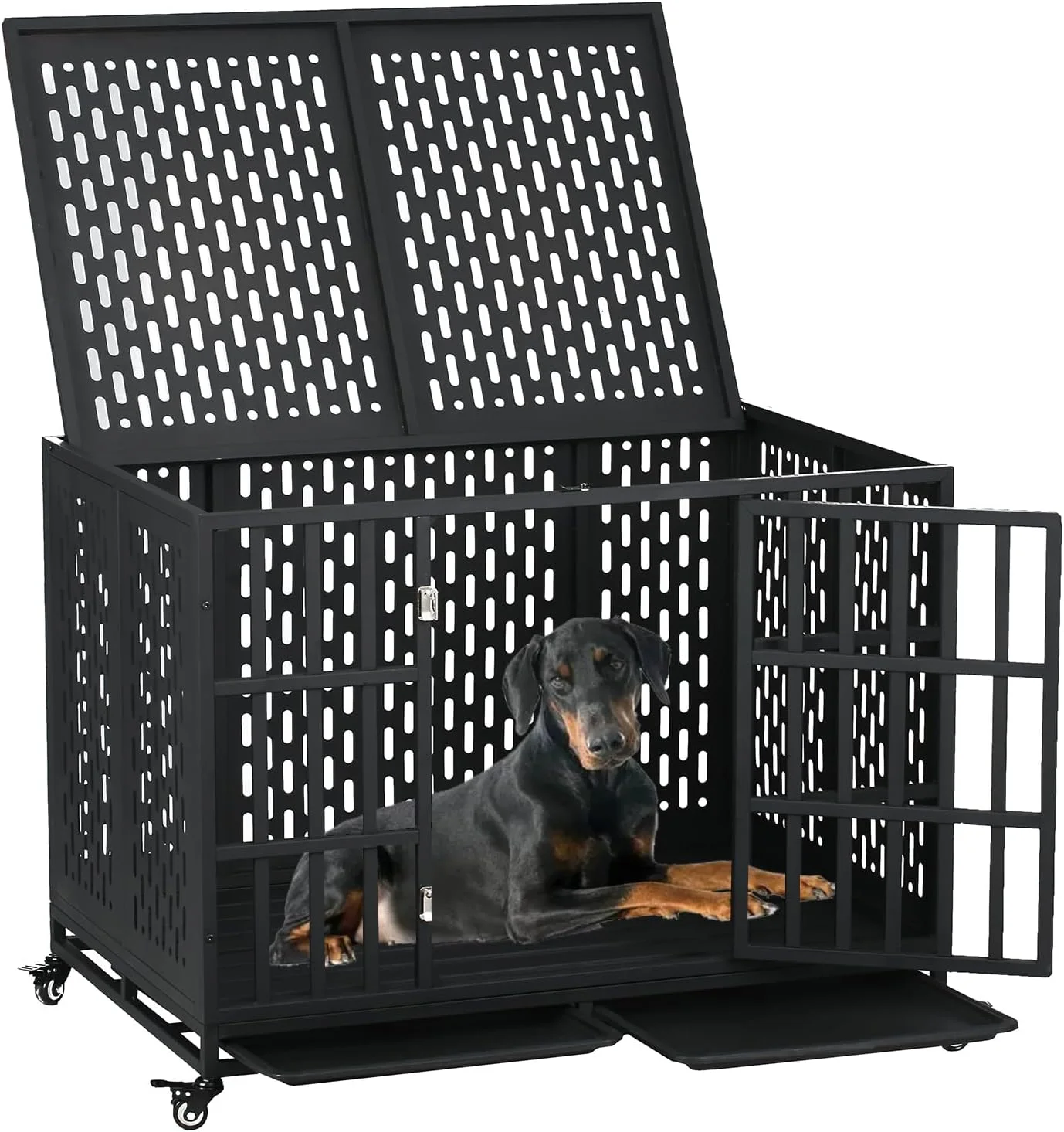 قفس سگ سنگین Ufyerutg، لانه سگ برای سگ های با اضطراب بالا متوسط ​​بزرگ، قفس حیوانات خانگی غیرقابل تخریب داخلی، محوطه بازی حیوانات خانگی با قفل درب محکم و چهار چرخ قفل شونده، مونتاژ آسان، 44 اینچ