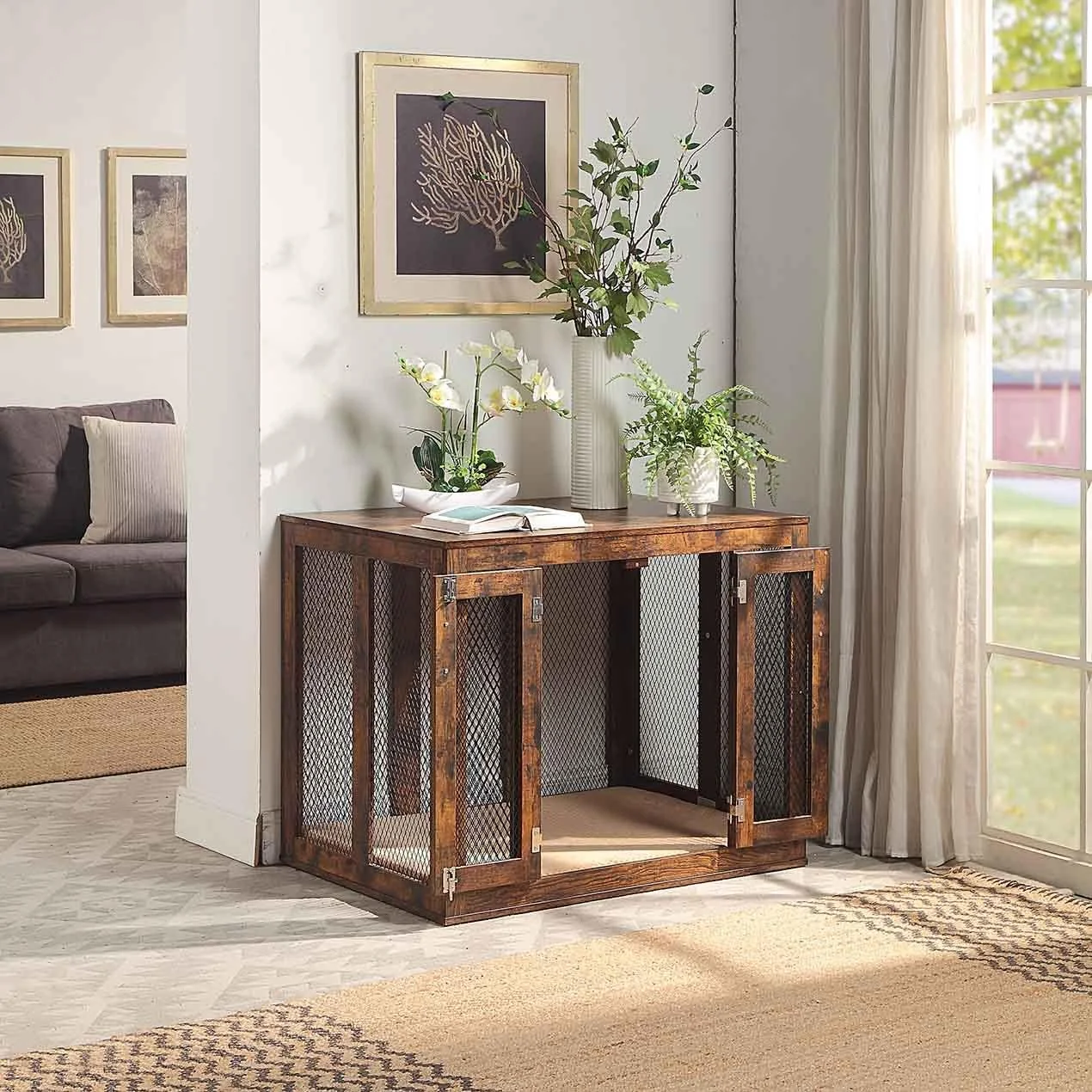 قفس سگ مبلمان unipaws با سینی برای سگ های بزرگ، خانه حیوانات خانگی قفس سگ داخلی زیبا، قفس سگ با در، میز کنار تختی چوبی تزئینی مدرن، روستیک