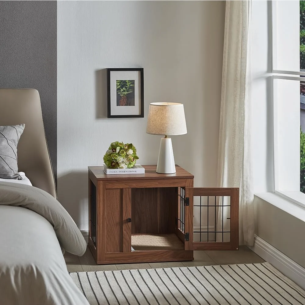 میز کنار تختی باکس سگ یونی پاوز به همراه کوسن، قفس سگ سیمی چوبی با درب های دوتایی، خانه سگ مدرن، مناسب برای استفاده در فضای داخلی، سایز متوسط و بزرگ، ضد جویدن، خاکستری