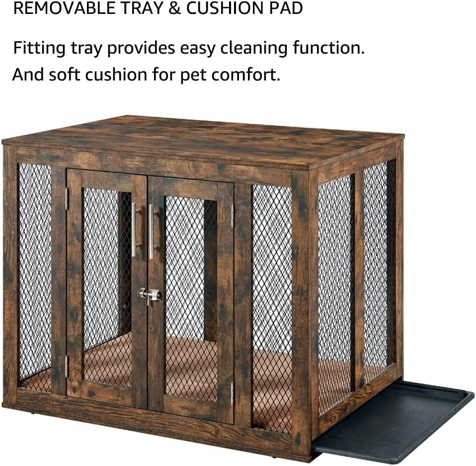 قفس سگ مبلمان unipaws با سینی برای سگ های بزرگ، خانه حیوانات خانگی قفس سگ داخلی زیبا، قفس سگ با در، میز کنار تختی چوبی تزئینی مدرن، روستیک