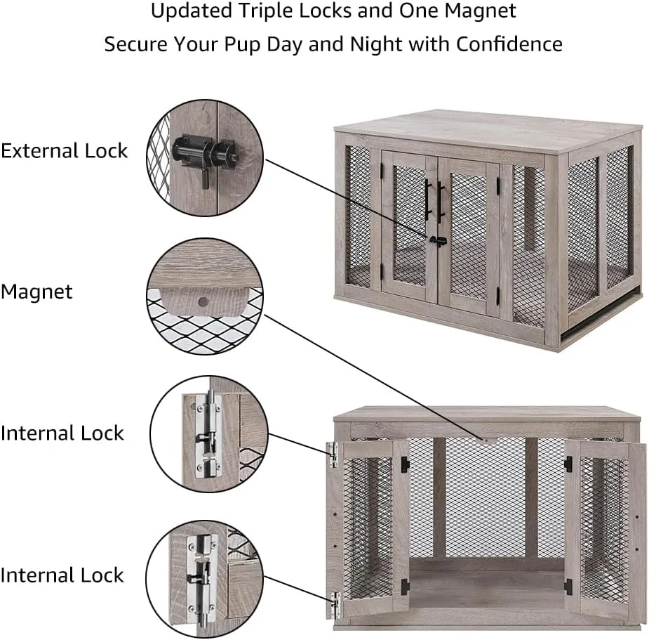 قفس سگ چوبی یونی پاوز به همراه تخت و سینی، قفس سگ مبلمان سبک، لانه سگ متوسط با درب های دوتایی، خانه سگ میز کنار تختی، خاکستری کهنه