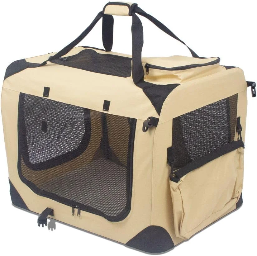 باکس حمل تاشو سگ UnderDog با پارچه و پشم گوسفند نرم، باکس و قفس حمل حیوانات خانگی لوکس، باکس مسافرتی نرم با تشک جداشدنی و کیف های ذخیره سازی، توری تنفسی (بژ، 70 سانتی متر)