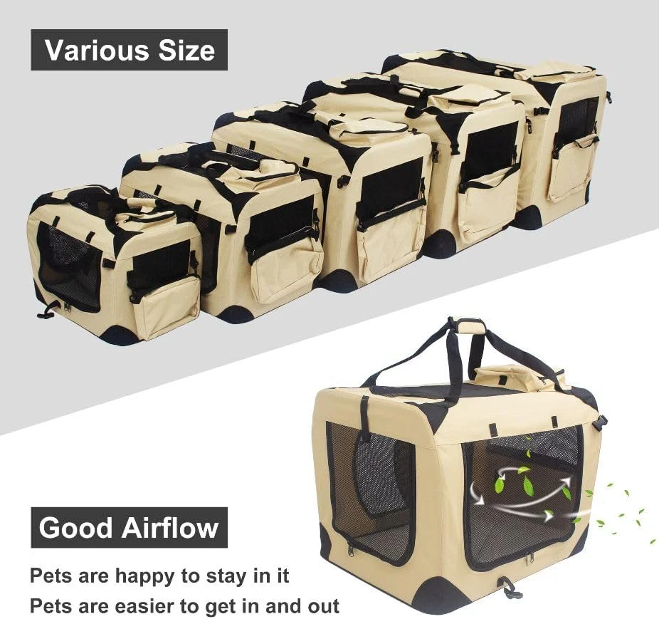 باکس حمل تاشو سگ UnderDog با پارچه و پشم گوسفند نرم، باکس و قفس حمل حیوانات خانگی لوکس، باکس مسافرتی نرم با تشک جداشدنی و کیف های ذخیره سازی، توری تنفسی (بژ، 70 سانتی متر)