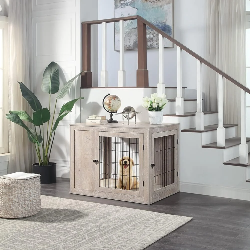 میز کنار تختی باکس سگ مدل مبلمان یونی پاوز به همراه کوسن، قفس سیمی چوبی حیوانات خانگی با درب های دوتایی، خانه سگ متوسط مناسب استفاده در فضای داخلی