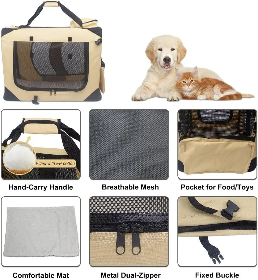 باکس حمل تاشو سگ UnderDog با پارچه و پشم گوسفند نرم، باکس و قفس حمل حیوانات خانگی لوکس، باکس مسافرتی نرم با تشک جداشدنی و کیف های ذخیره سازی، توری تنفسی (بژ، 70 سانتی متر)