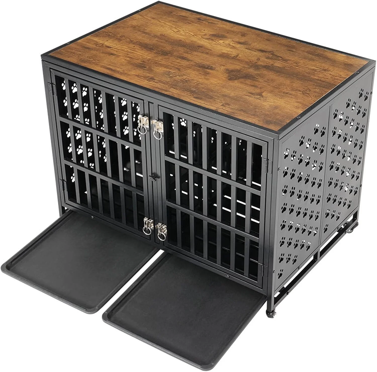 قفس سگ مدل مبلمان TTVXVTT / میز فلزی لانه سگ / قفس حیوانات خانگی دو درب با جداکننده، رویه چوبی و چرخ های قفل دار – 110 × 74 × 84 سانتی متر برای 1 سگ بزرگ یا 2 سگ کوچک