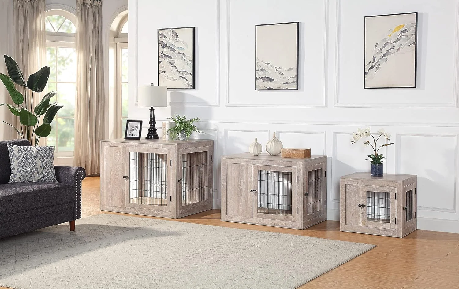 میز کنار تختی باکس سگ مدل مبلمان یونی پاوز به همراه کوسن، قفس سیمی چوبی حیوانات خانگی با درب های دوتایی، خانه سگ متوسط مناسب استفاده در فضای داخلی