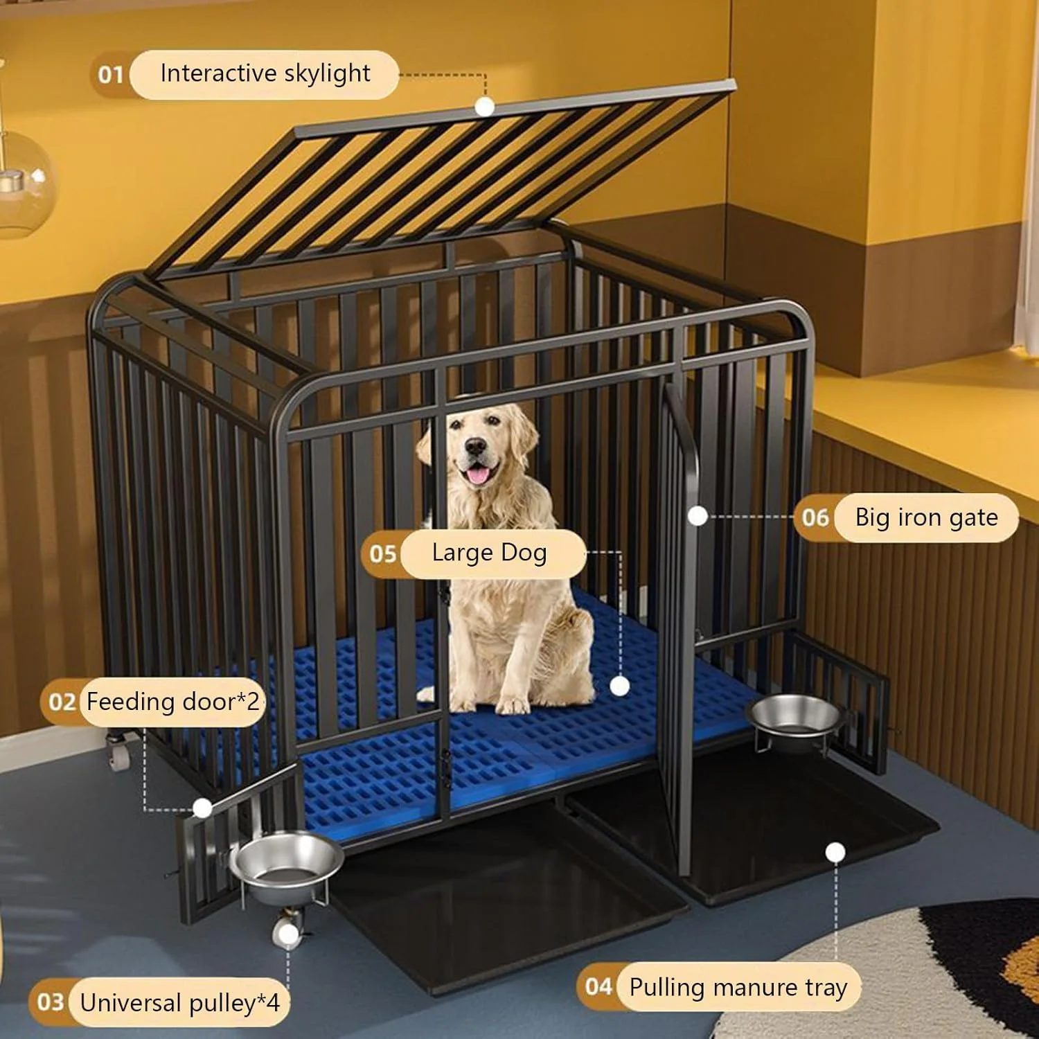 قفس سگ فولادی سنگین TTVXVTT / قفس سگ / خانه توله سگ سرپوشیده با سقف نورگیر تعاملی، درهای تغذیه دوتایی و چرخ های قفل شونده - نژادهای بزرگ، مقاوم در برابر فرار و جویدن【125*95*110cm】