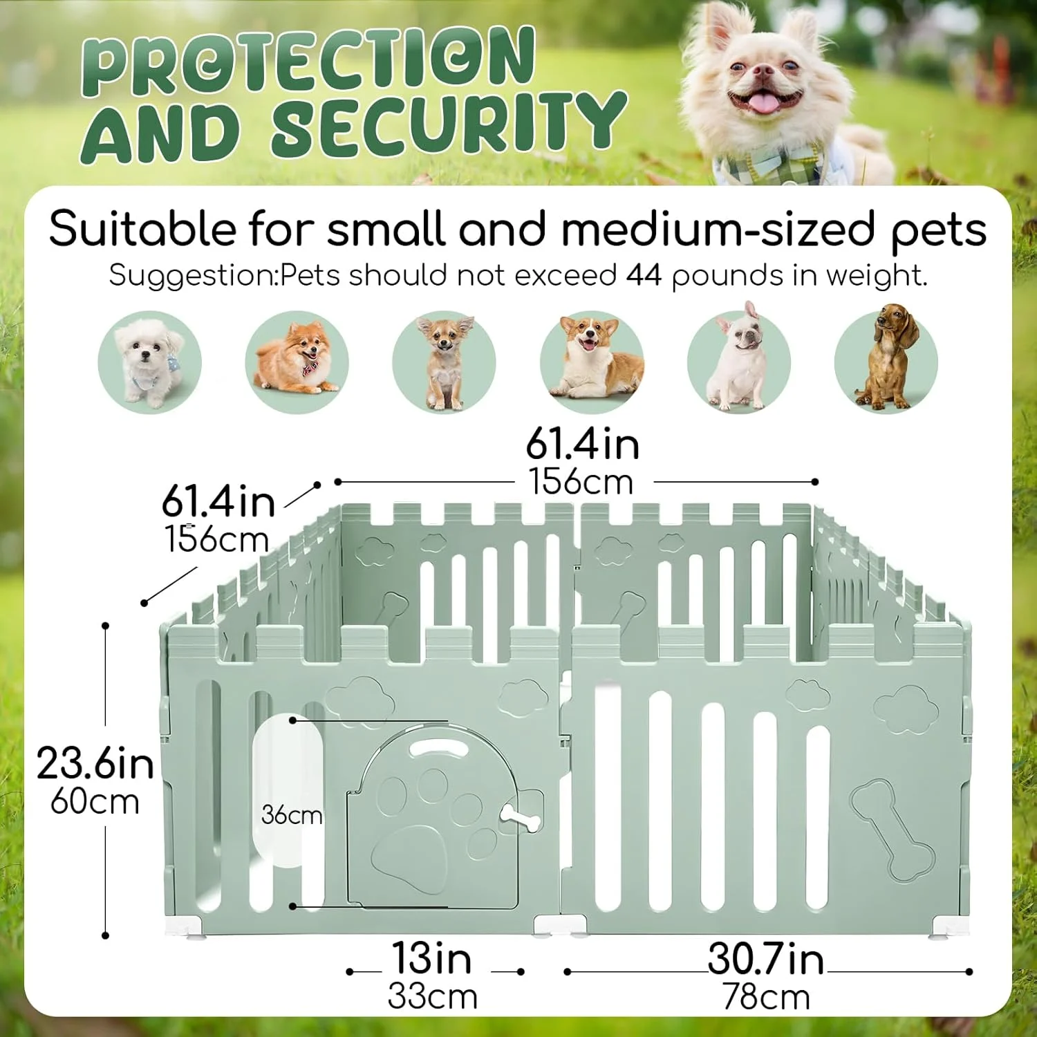 محوطه بازی سگ TSYPAIRS با درب، 8 پنل 24 اینچی، محوطه بازی توله سگ سرپوشیده، حصار ایمنی حیوانات خانگی کوچک پلاستیکی قوی، دروازه حیوانات خانگی ضد لغزش و ایمن، سبز