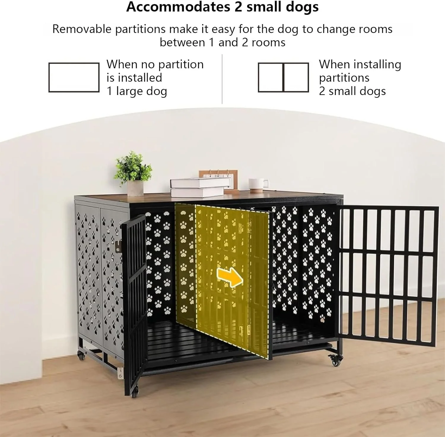 قفس سگ مدل مبلمان TTVXVTT / میز فلزی لانه سگ / قفس حیوانات خانگی دو درب با جداکننده، رویه چوبی و چرخ های قفل دار – 110 × 74 × 84 سانتی متر برای 1 سگ بزرگ یا 2 سگ کوچک