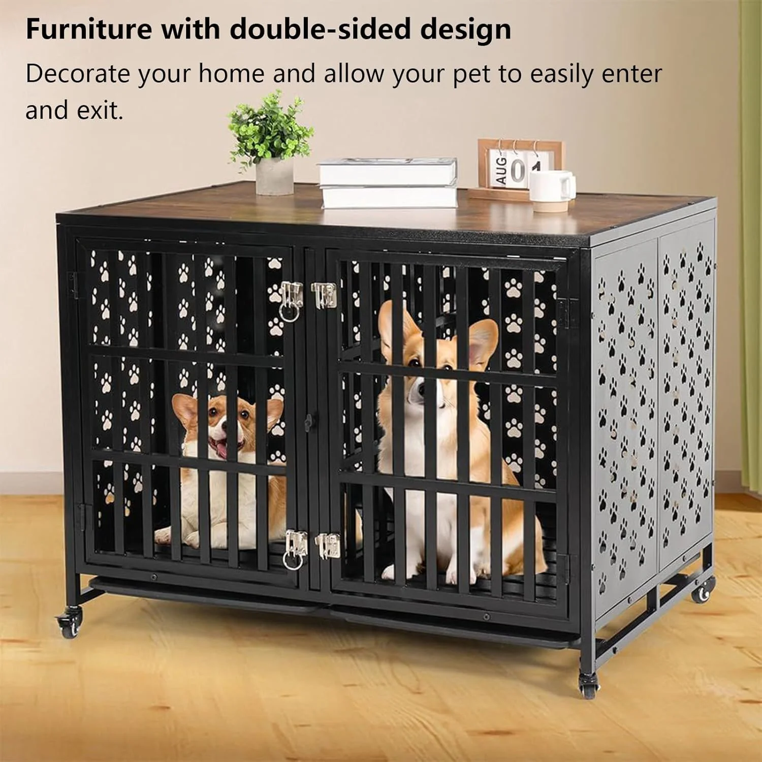 قفس سگ مدل مبلمان TTVXVTT / میز فلزی لانه سگ / قفس حیوانات خانگی دو درب با جداکننده، رویه چوبی و چرخ های قفل دار – 110 × 74 × 84 سانتی متر برای 1 سگ بزرگ یا 2 سگ کوچک