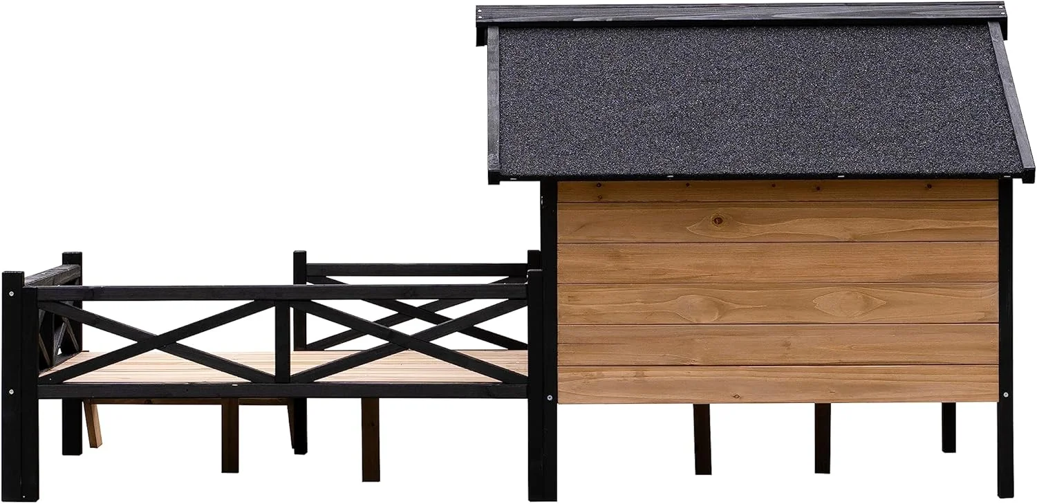 خانه سگ چوبی سبک کلبه ای تزو مناسب فضای باز به همراه ایوان، مقاوم در برابر آب و هوا برای سگ های سایز متوسط/کوچک - قهوه ای