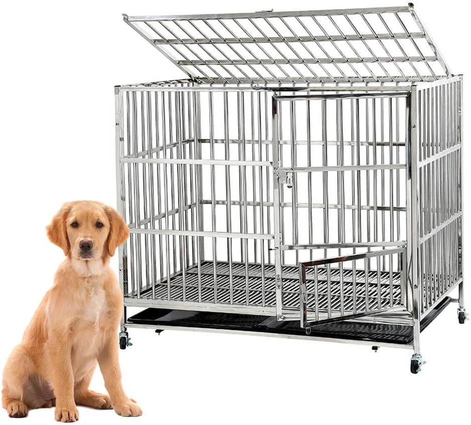 قفس حیوانات خانگی فلزی سگ گربه توله سگ آموزش تاشو، لانه سگ استیل ضد زنگ با سینی و چرخ، طراحی چند قفله با قابلیت باز شدن از بالا، سایز بزرگ