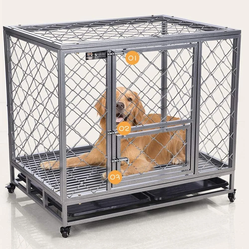 قفس حیوانات خانگی سگ گربه توله سگ آموزش جعبه فلزی حمل و نقل حیوانات خانگی با سینی، دو درب سه قفل برای تقویت قفس برای سگ های کوچک، متوسط ​​و بزرگ، S