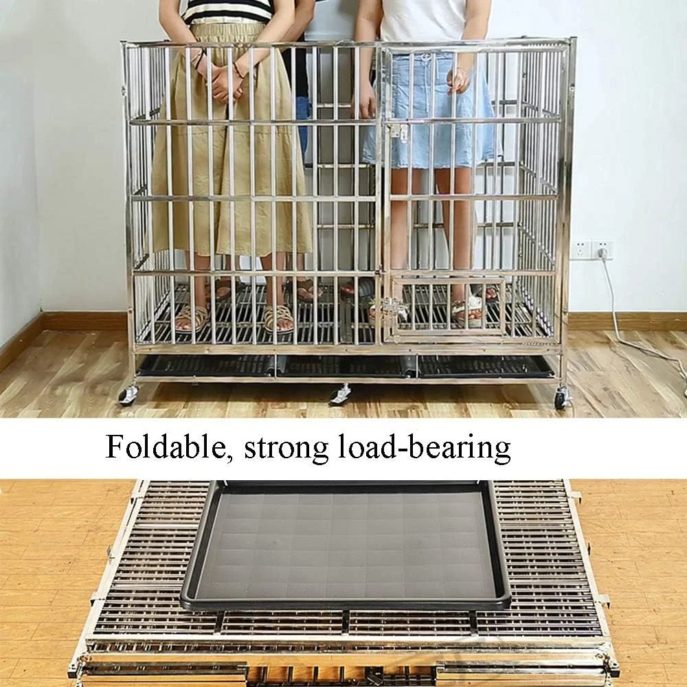 قفس حیوانات خانگی فلزی سگ گربه توله سگ آموزش تاشو، لانه سگ استیل ضد زنگ با سینی و چرخ، طراحی چند قفله با قابلیت باز شدن از بالا، سایز بزرگ
