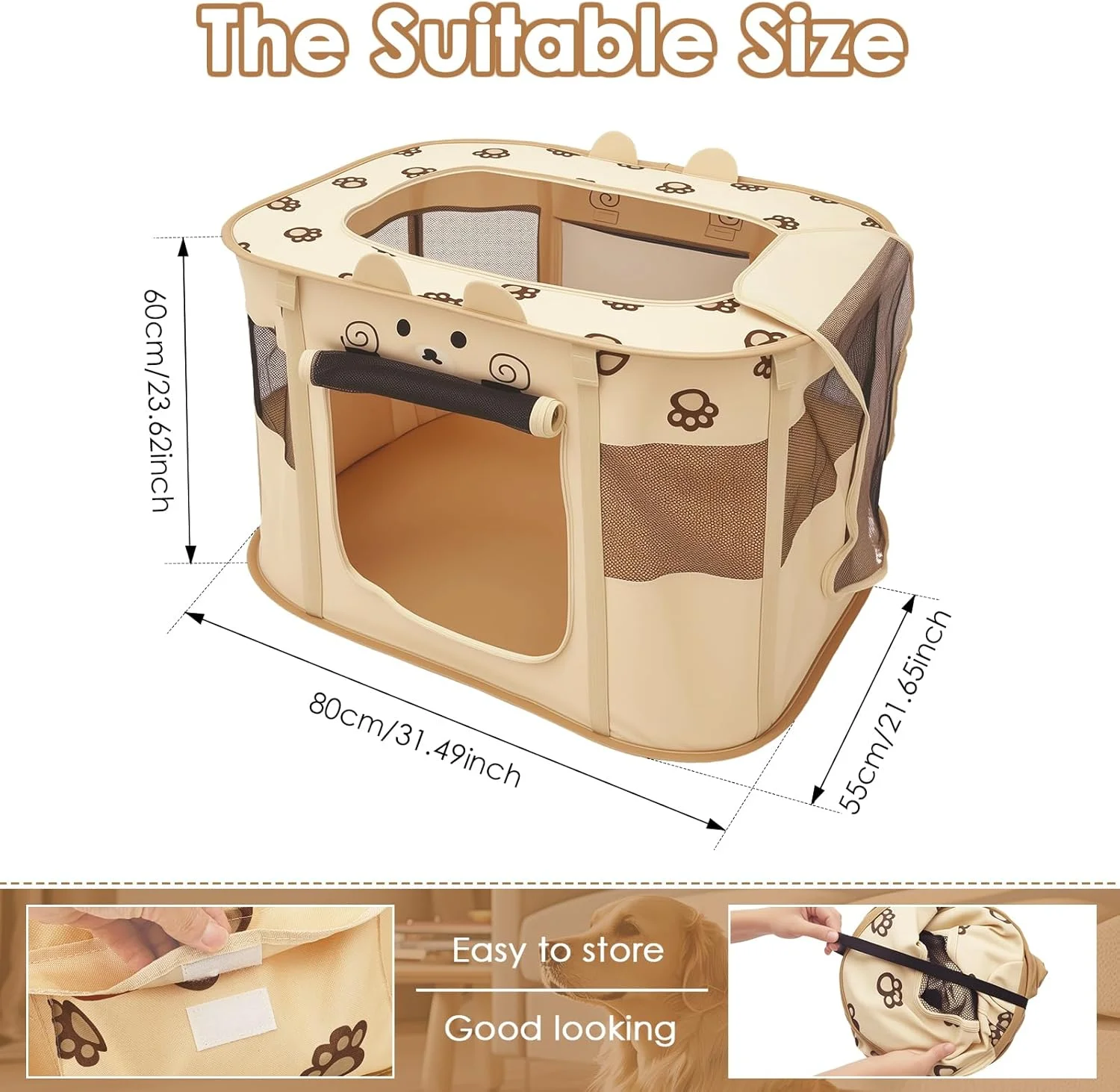 محوطه بازی توله سگ TNTGMG، محوطه بازی تاشو سگ با کیف حمل، 80 x 60 x 55 سانتی متر، قفس چادری قابل حمل با زیپ برای گربه های داخل خانه، لانه سگ تاشو آکسفورد