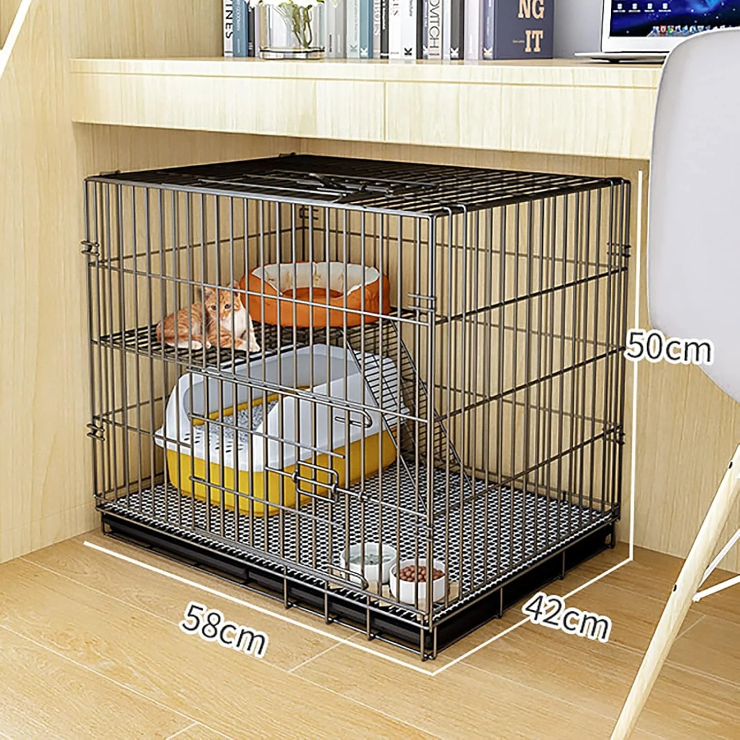 قفس گربه، باکس گربه، قفس حیوانات خانگی، قفس سگ و گربه برای آموزش توله سگ، باکس فلزی تاشو با سینی، حمل و نقل آسان (مشکی 58x42x50 سانتی متر)