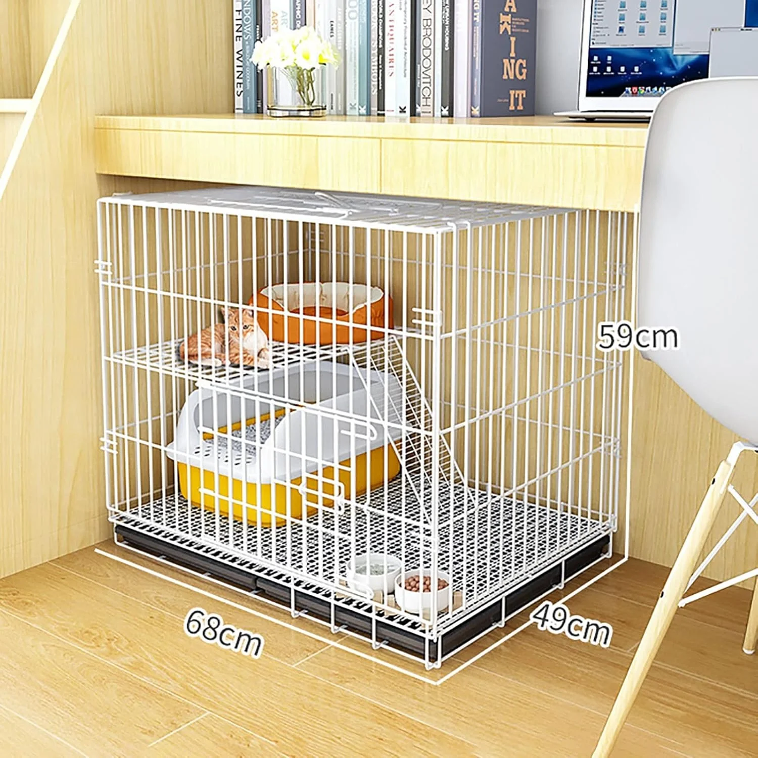 قفس گربه باکس گربه قفس حیوانات خانگی سگ گربه آموزش توله سگ تاشو فلزی با سینی، حمل و نقل آسان، سفید - 68x49x59 سانتی متر