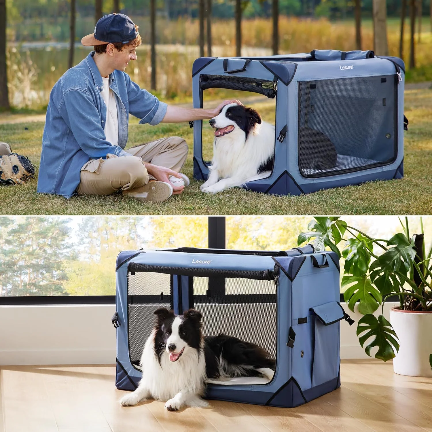 باکس حمل تاشو سگ LE SURE - باکس مسافرتی قابل حمل برای سگ بزرگ، باکس حیوانات خانگی 4 در با پنجره های توری بادوام، مناسب داخل و خارج از خانه (آبی) باکس حمل تاشو سگ LE SURE - باکس مسافرتی قابل حمل برای سگ بزرگ، باکس حیوانات خانگی 4 در با پنجره های توری بادوام، مناسب داخل و خارج از خانه (آبی)