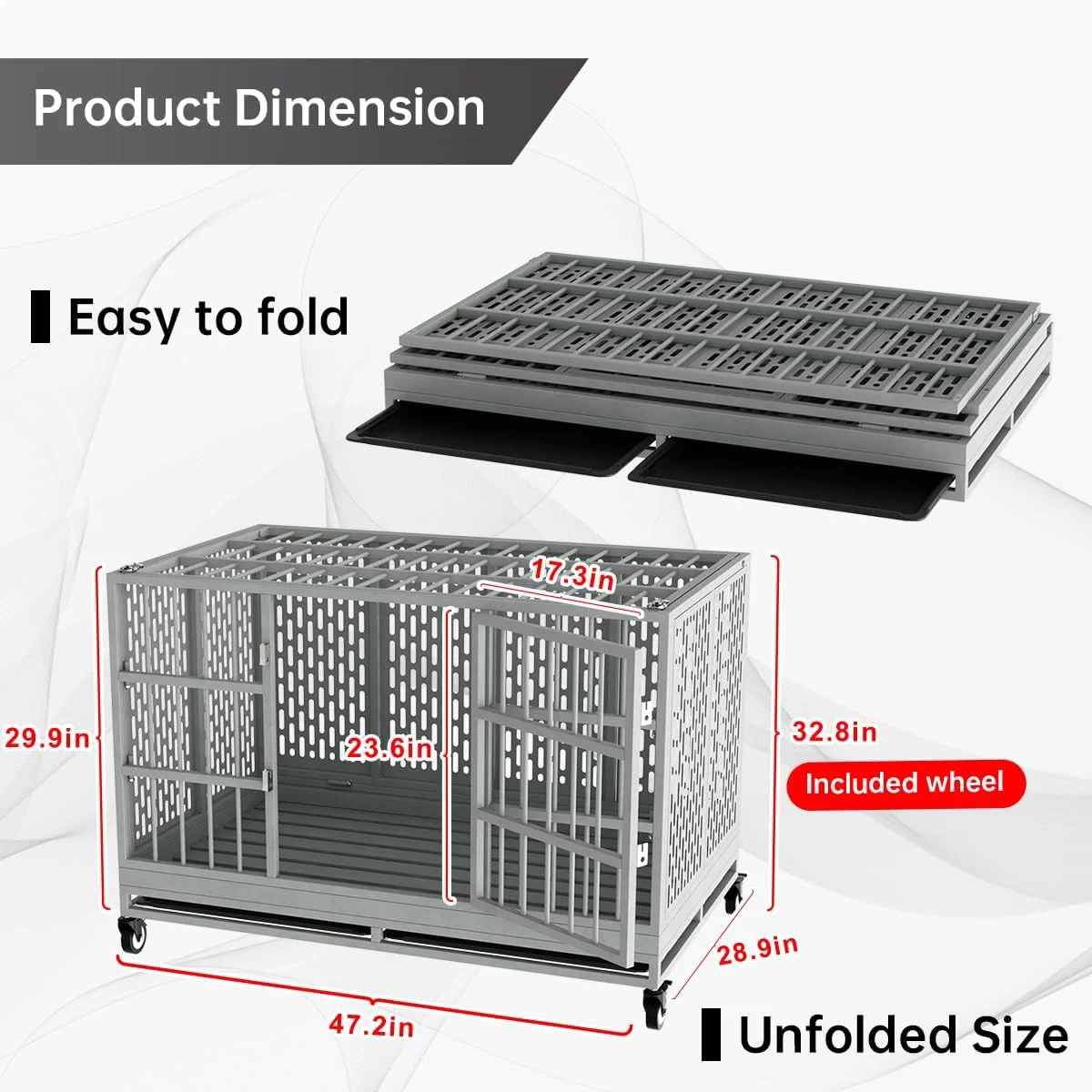 قفس سگ سنگین وزن Snuowu سایز 48 اینچ با چرخ، قفس فلزی تاشو برای سگ های بزرگ و متوسط، قفس سگ بسیار بزرگ XL XXL غیرقابل تخریب با سینی جداشدنی.