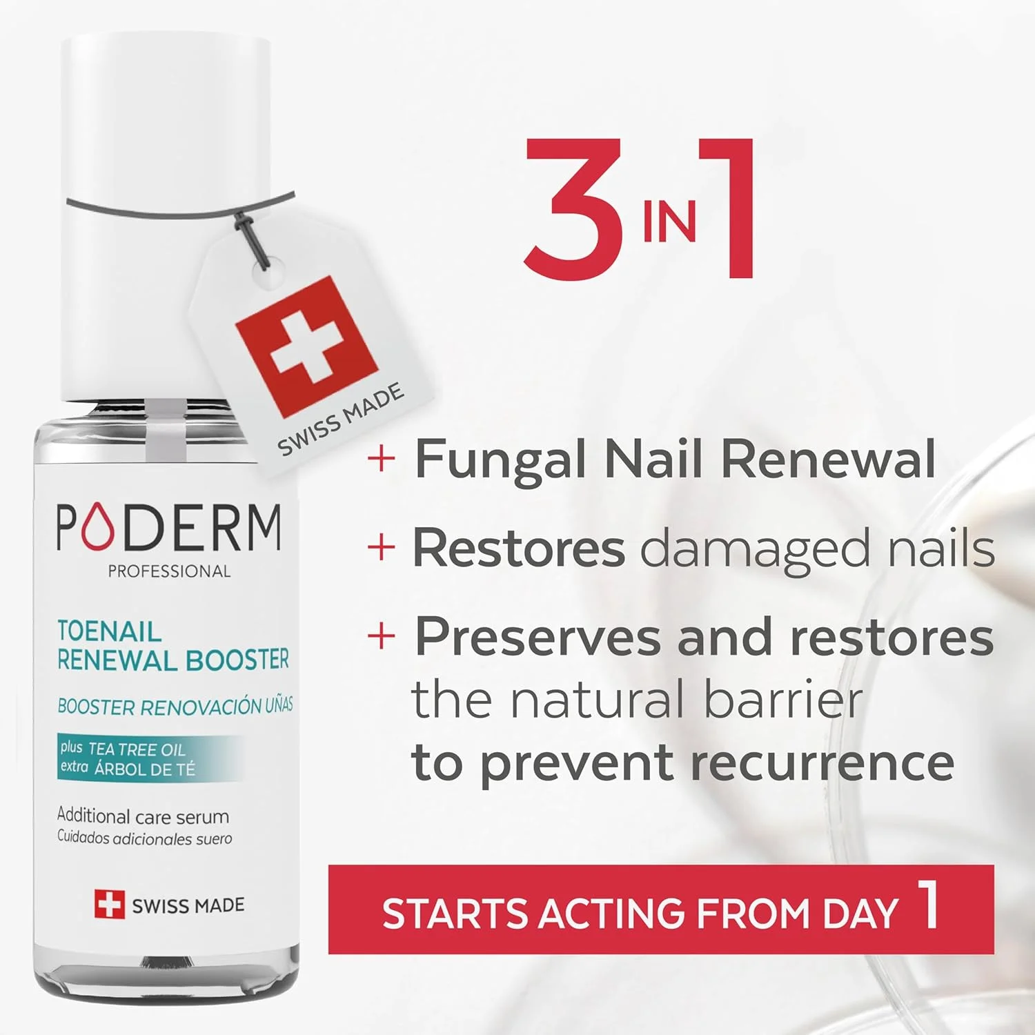 PODERM – تقویت کننده تجدید ناخن پا – سرم روغن درخت چای - ظاهر ناخن های تغییر رنگ داده/آسیب دیده را احیا می کند – ترمیم ناخن های پا و دست – 100% مواد طبیعی و وگان – تجدید سریع – ساخت سوئیس PODERM – تقویت کننده تجدید ناخن پا – سرم روغن درخت چای - ظاهر ناخن های تغییر رنگ داده/آسیب دیده را احیا می کند – ترمیم ناخن های پا و دست – 100% مواد طبیعی و وگان – تجدید سریع – ساخت سوئیس